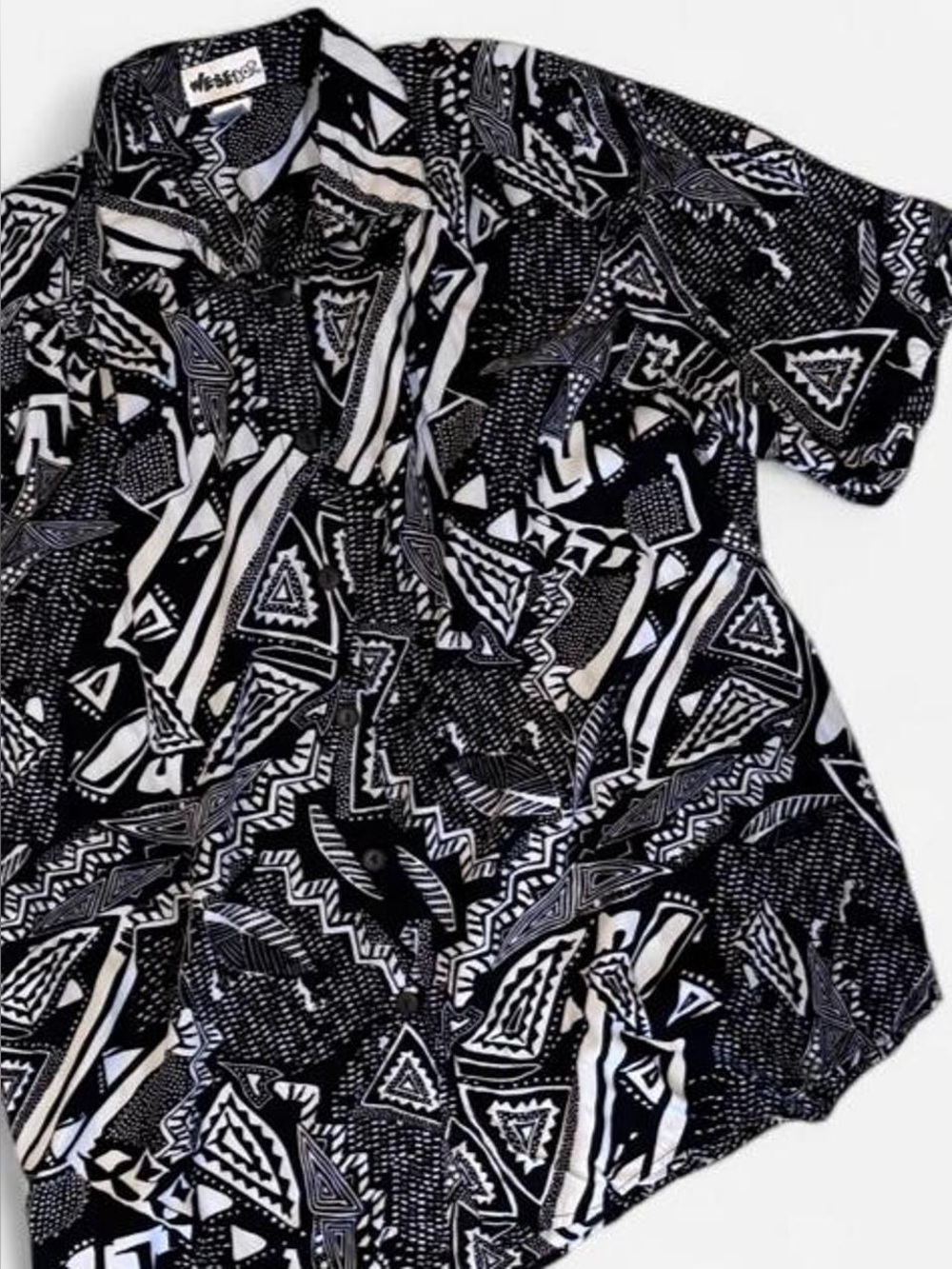 We Be Bop 1X Black White Abstract Rayon Button Front Blouse Shirt